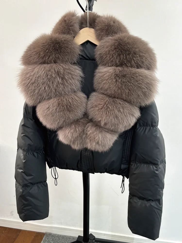 Janveny grand col en fourrure de renard naturel 90% duvet de canard blanc femmes hiver court imperméable PU manteau bouffant femme épais Parkas