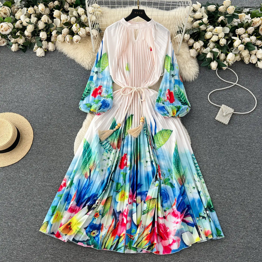 JAMERARY-Robe longue à imprimé floral pour femme, manches longues lanterne, paon de vacances, robe de soirée, robe de soirée, mode éducative, automne