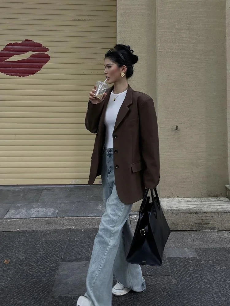 Veste décontractée à manches longues pour femme, manteau imbibé haut de gamme, blazers design à la mode, haut marron pour femme de bureau, Y7CS, nouveau, 2024
