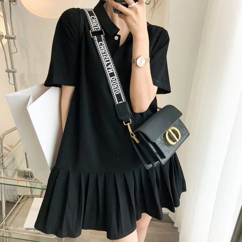 Mini Robe Plissée à Manches Courtes et Col Polo pour Femme, Vêtement Assressentià Tout, Couleur Unie, Grande Taille, Mode Décontractée, Nouvelle Collection Été