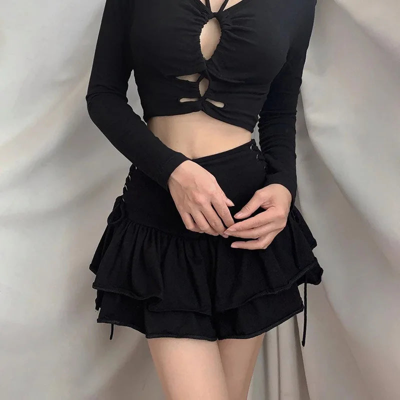 FISalle de bain-Mini jupe bandage taille haute pour femme, R Streetwear Mall Goth, Harajuku Y2K, E-Girl, Dark Gothic Punk, Emo Alt Club Wear