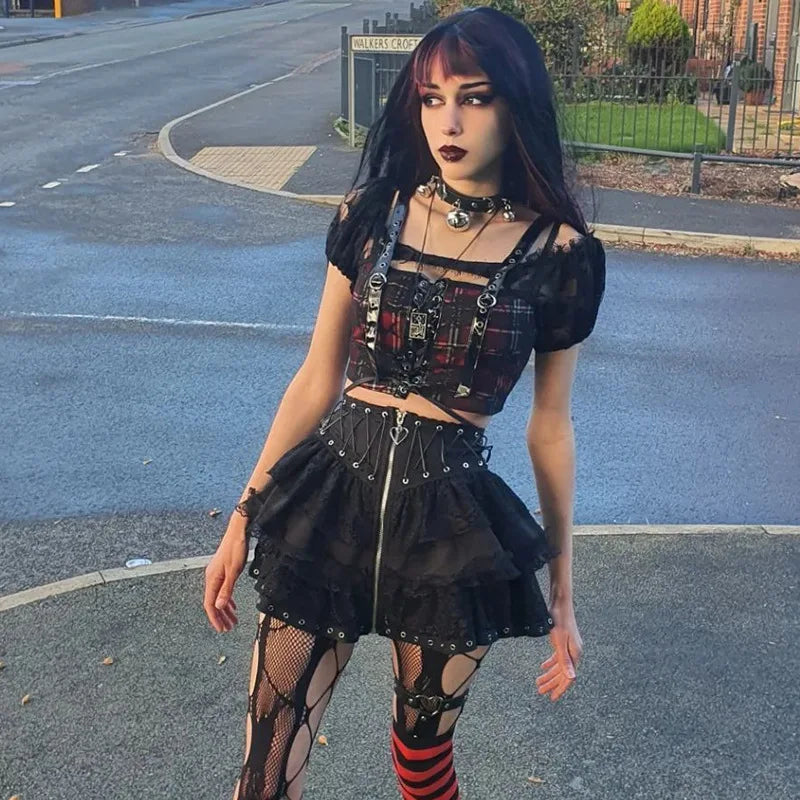 Jupe Punk Vintage à taille haute pour femmes, fermeture éclair sur le devant, Style japonais Kawaii noir Harajuku gothique patineuse Cosplay Mini jupes