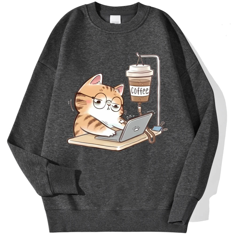 Travailer les chats qui ne peuvent pas faire sans café femmes à capuche ample confortable sweats à capuche Harajuku polaire à capuche mode automne hommes haut