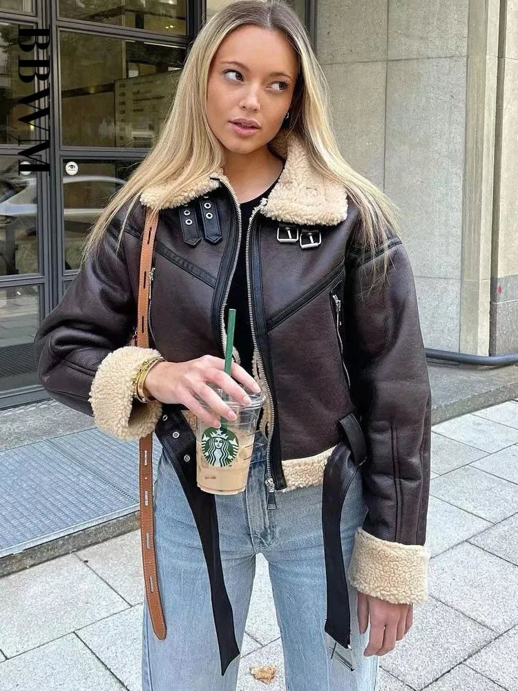 TARF-Veste en Fausse Peau de Mouton pour Femme, Manteau Vintage à Manches sulf, Ourlet Ceinture, Mode Optique, OupillChic, Y-Chic