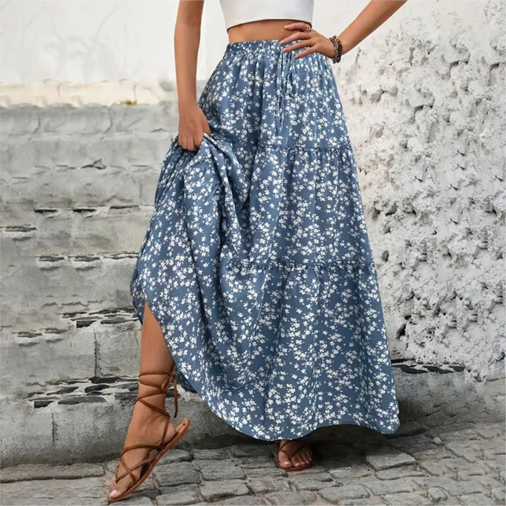 Petite jupe florale femmes ceinture élastique trois couches épissage jupe longue a-ligne plissée grandes jupes trapèze 2025 Harajuku Femme