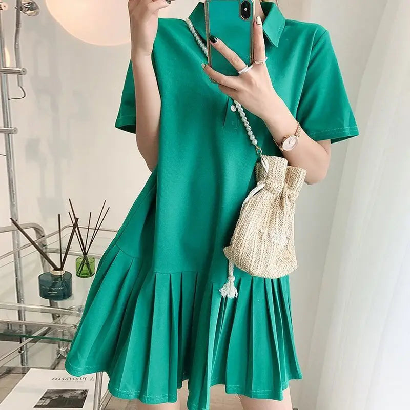Mini Robe Plissée à Manches Courtes et Col Polo pour Femme, Vêtement Assressentià Tout, Couleur Unie, Grande Taille, Mode Décontractée, Nouvelle Collection Été