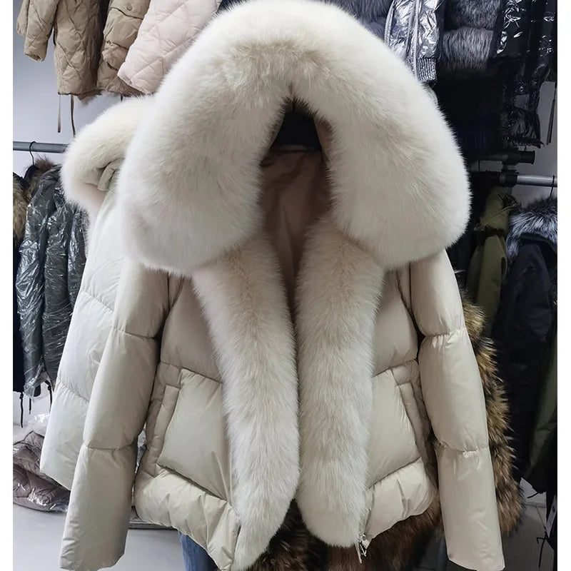 MAOMAOKONG 2024 blanc canard doudoune hiver femmes chaud manteau ample naturel réel col de fourrure de renard épais vêtements d'extérieur de luxe parkas