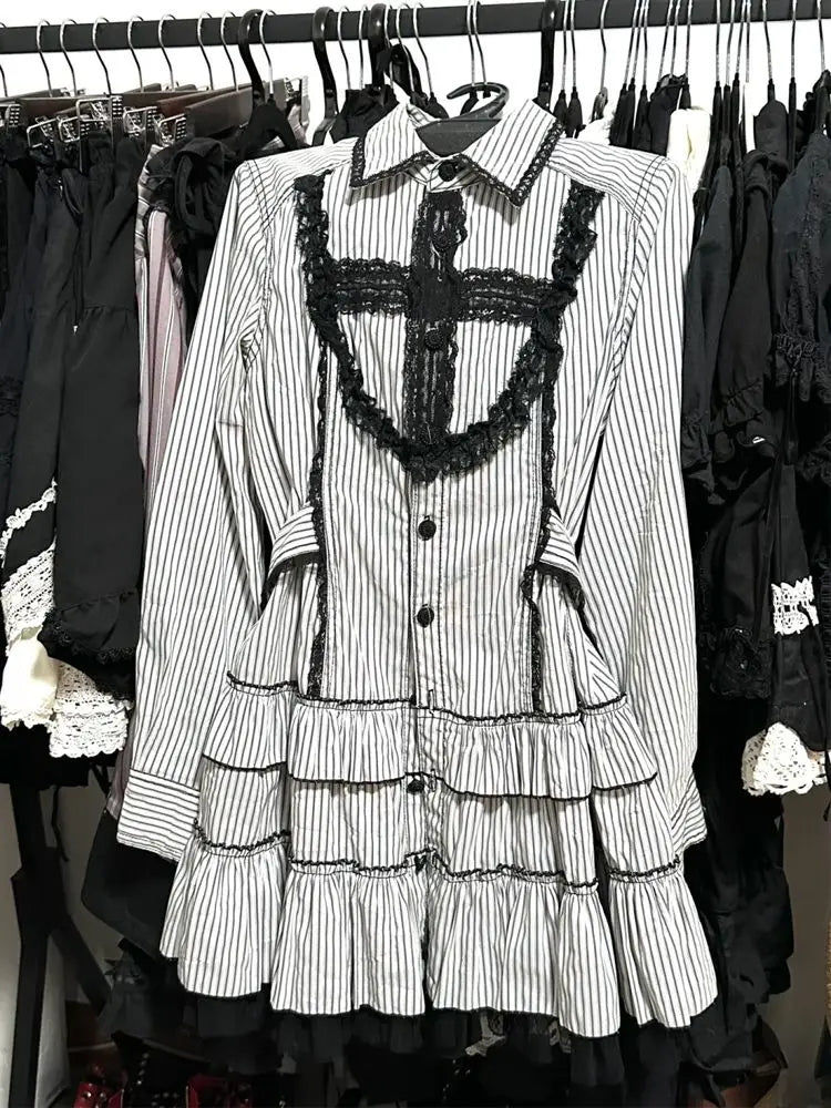 Robe Lolita en dentelle pour femmes, Style gothique japonais, avec nœud rayé, chemise à bandes, Slim, esthétique Y2k, Mini robes de soirée, Design