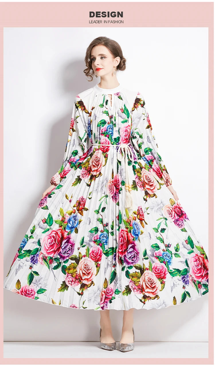 JAMERARY-Robe longue à imprimé floral pour femme, manches longues lanterne, paon de vacances, robe de soirée, robe de soirée, mode éducative, automne