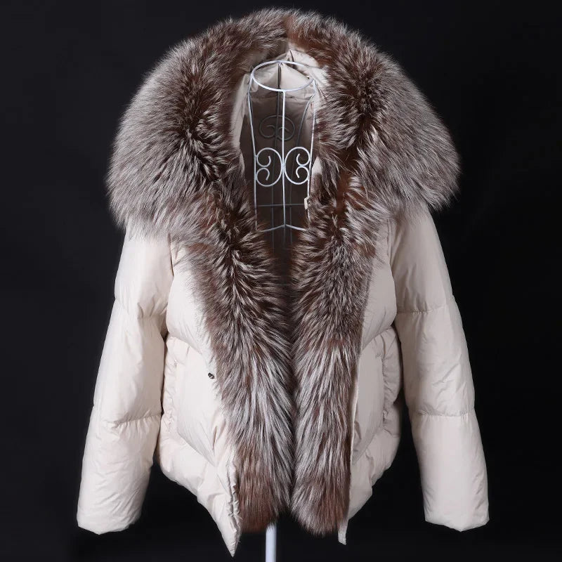 MAOMAOKONG 2024 blanc canard doudoune hiver femmes chaud manteau ample naturel réel col de fourrure de renard épais vêtements d'extérieur de luxe parkas