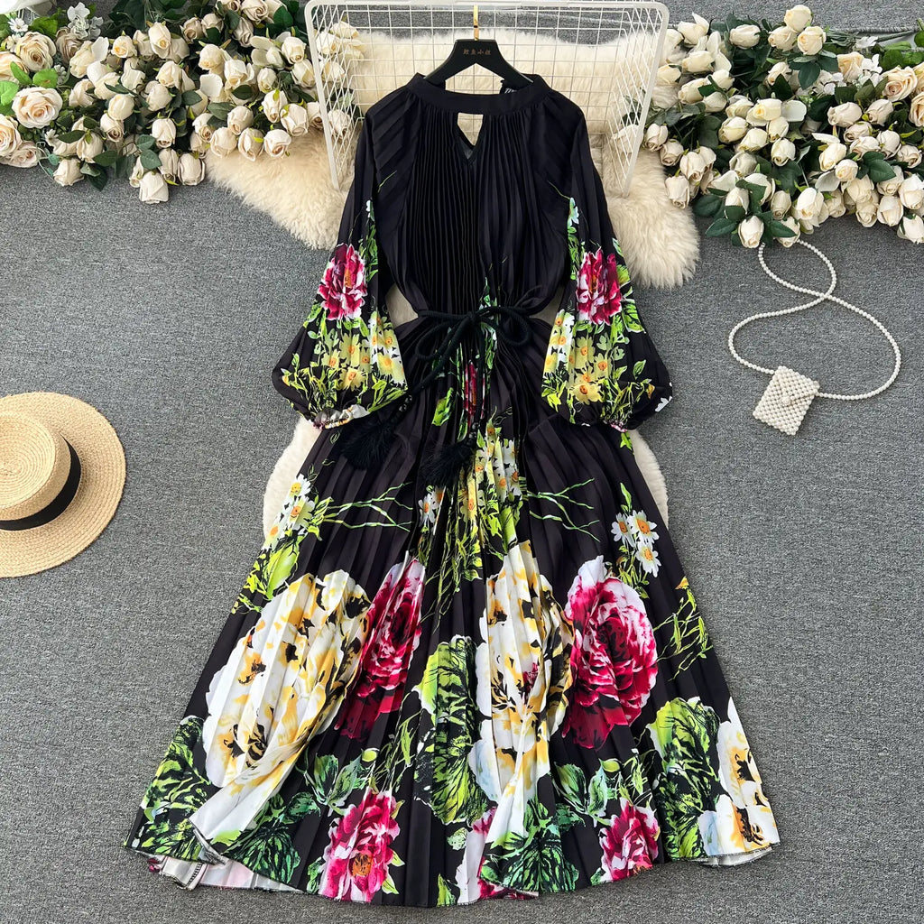 JAMERARY-Robe longue à imprimé floral pour femme, manches longues lanterne, paon de vacances, robe de soirée, robe de soirée, mode éducative, automne