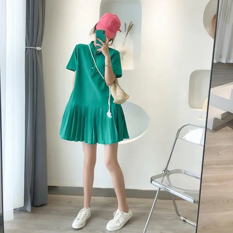 Mini Robe Plissée à Manches Courtes et Col Polo pour Femme, Vêtement Assressentià Tout, Couleur Unie, Grande Taille, Mode Décontractée, Nouvelle Collection Été