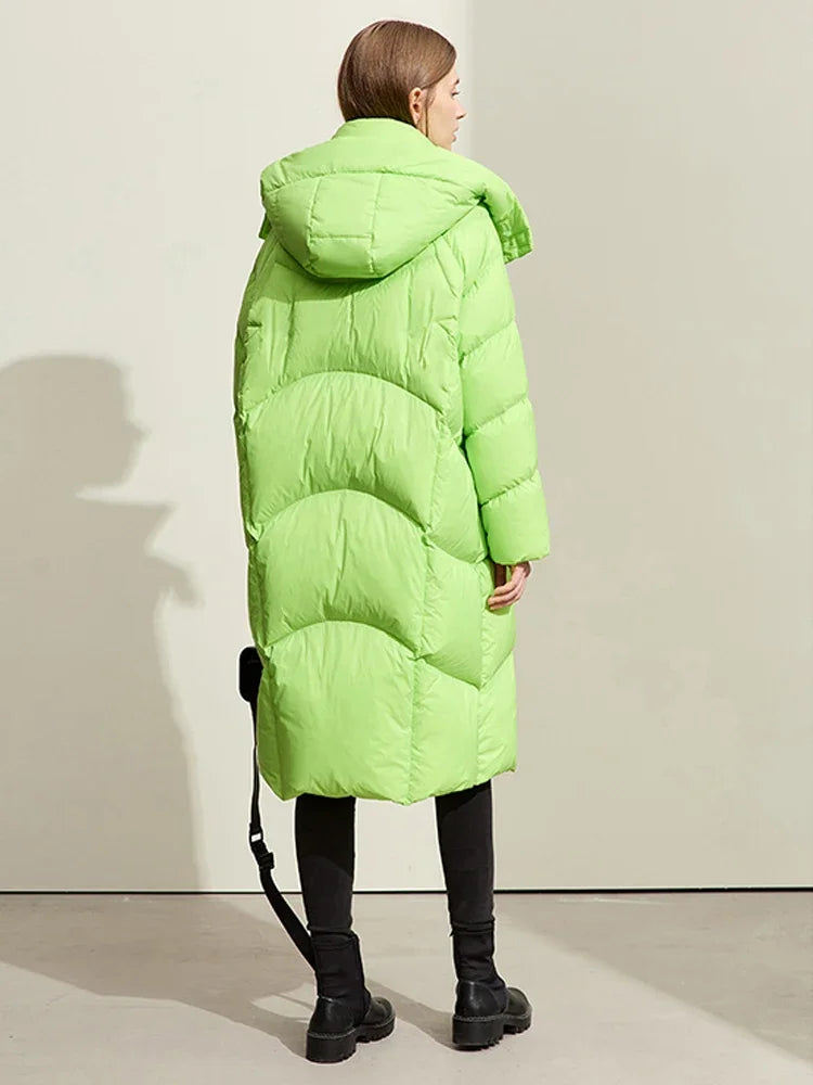 AMII-Doudoune longue à capuche en duvet de canard pour femme, manteau d'hiver pour femme, fermeture éclair, bureau, 2023, nouveau, 12324027
