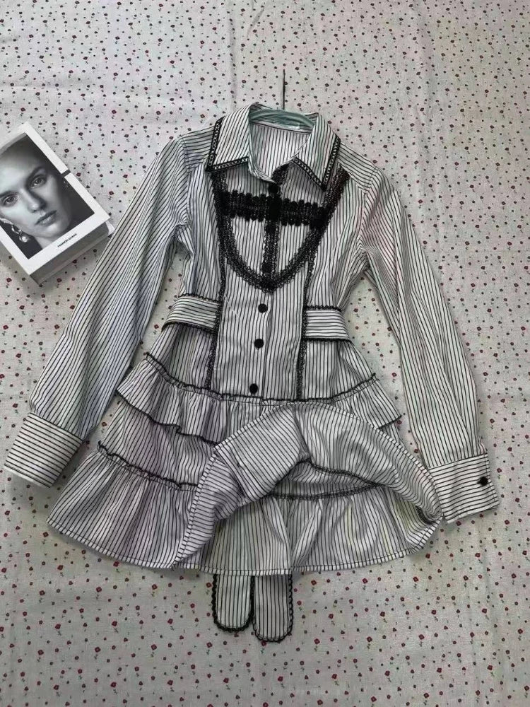 Robe Lolita en dentelle pour femmes, Style gothique japonais, avec nœud rayé, chemise à bandes, Slim, esthétique Y2k, Mini robes de soirée, Design