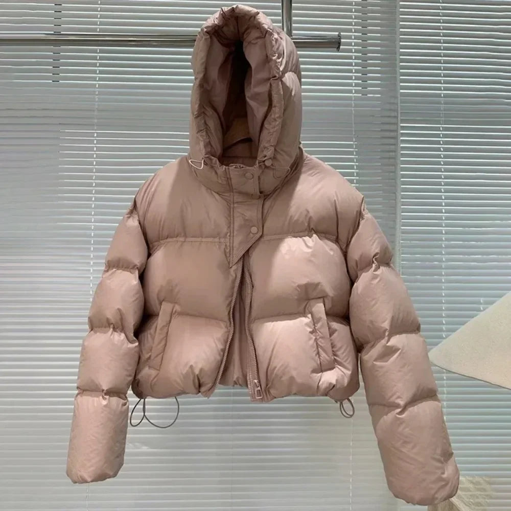 Veste en duvet de canard blanc avec capuche pour femme, manteau chaud surdimensionné, vêtements d'extérieur optiques courts décontractés, nouvelle mode, automne et hiver 2024