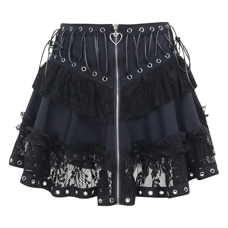 Jupe Punk Vintage à taille haute pour femmes, fermeture éclair sur le devant, Style japonais Kawaii noir Harajuku gothique patineuse Cosplay Mini jupes
