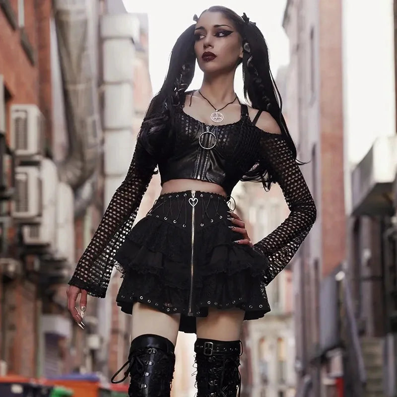 Jupe Punk Vintage à taille haute pour femmes, fermeture éclair sur le devant, Style japonais Kawaii noir Harajuku gothique patineuse Cosplay Mini jupes