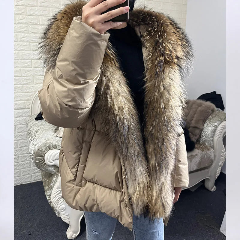 MAOMAOKONG 2024 blanc canard doudoune hiver femmes chaud manteau ample naturel réel col de fourrure de renard épais vêtements d'extérieur de luxe parkas