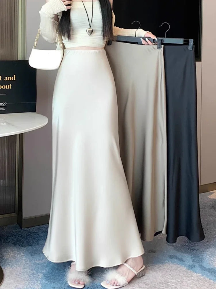 Jupe longue en satin taille haute pour femme, jupe midi, mince, monochromatique, champagne, noir, mode coréenne, été, 2024