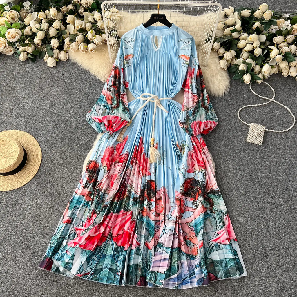 JAMERARY-Robe longue à imprimé floral pour femme, manches longues lanterne, paon de vacances, robe de soirée, robe de soirée, mode éducative, automne