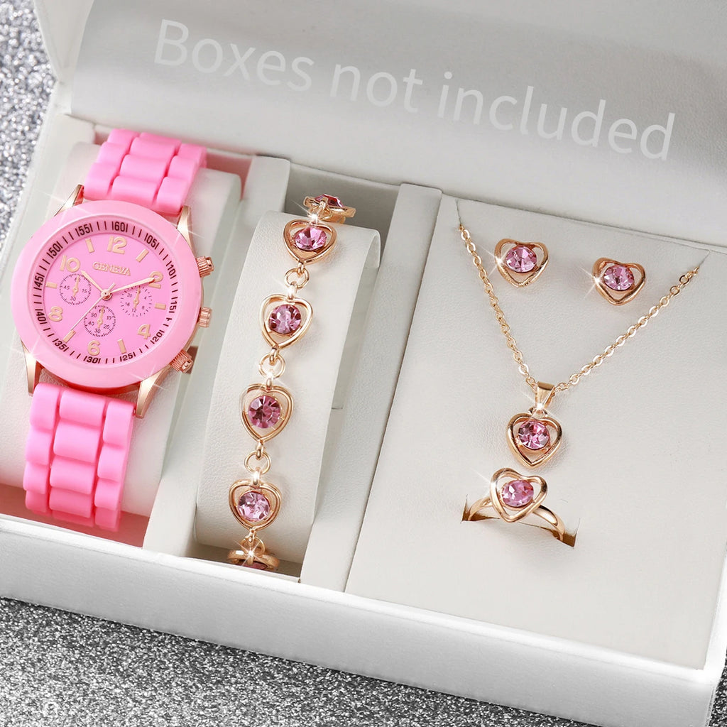 Montre à quartz analogique décontractée pour femme, bracelet en silicone, biscuits, ensemble de bijoux coeur, sans boîte, 6 pièces par ensemble