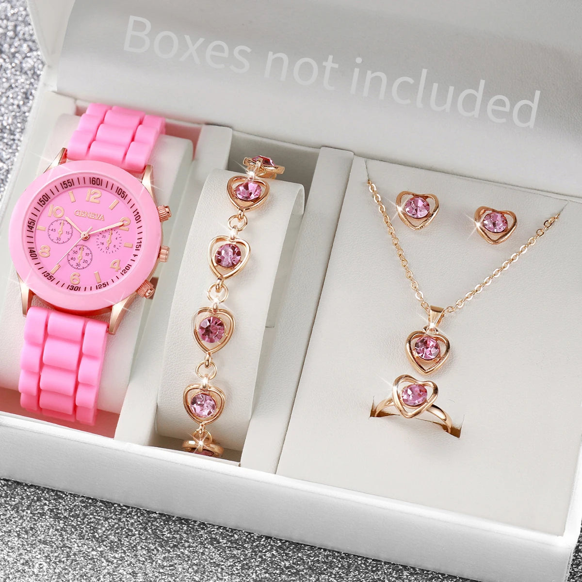 Montre à quartz analogique décontractée pour femme, bracelet en silicone, biscuits, ensemble de bijoux coeur, sans boîte, 6 pièces par ensemble