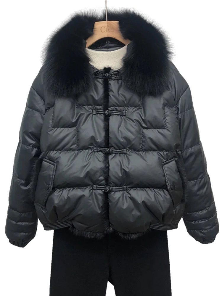 Lagabogy 2025 véritable col de fourrure de renard hiver femmes 90% duvet de canard blanc dame court chaud manteau bouffant femme ample Vintage Parka