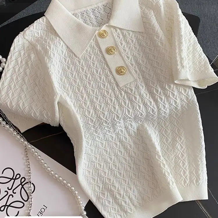 Polo français en soie glacée pour femmes, haut de gamme, Chic, fin, Unique, tricoté en Jacquard, manches courtes, ample, blanc, été