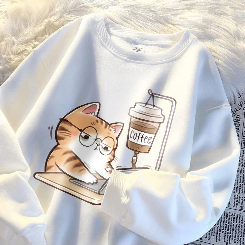 Travailer les chats qui ne peuvent pas faire sans café femmes à capuche ample confortable sweats à capuche Harajuku polaire à capuche mode automne hommes haut