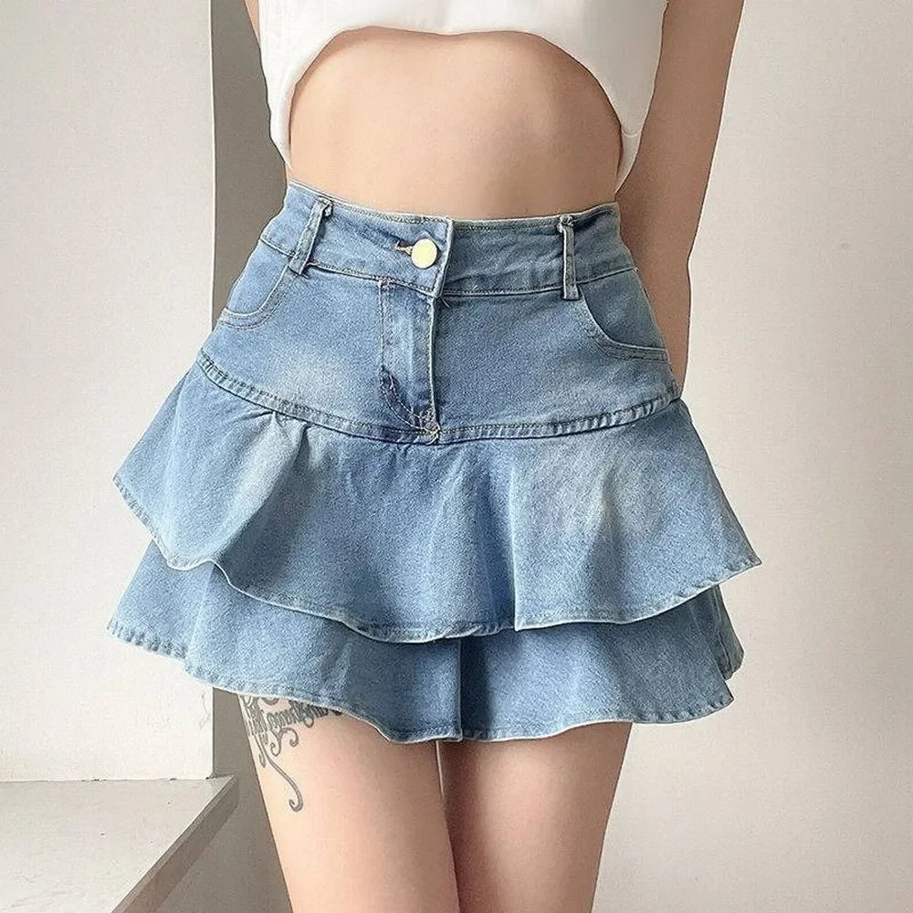 Jupe courte en jean à volants, double couche, polyvalente, gâteau, haute audiminceur, anti-absorbe ouissement, ultra courte, printemps été