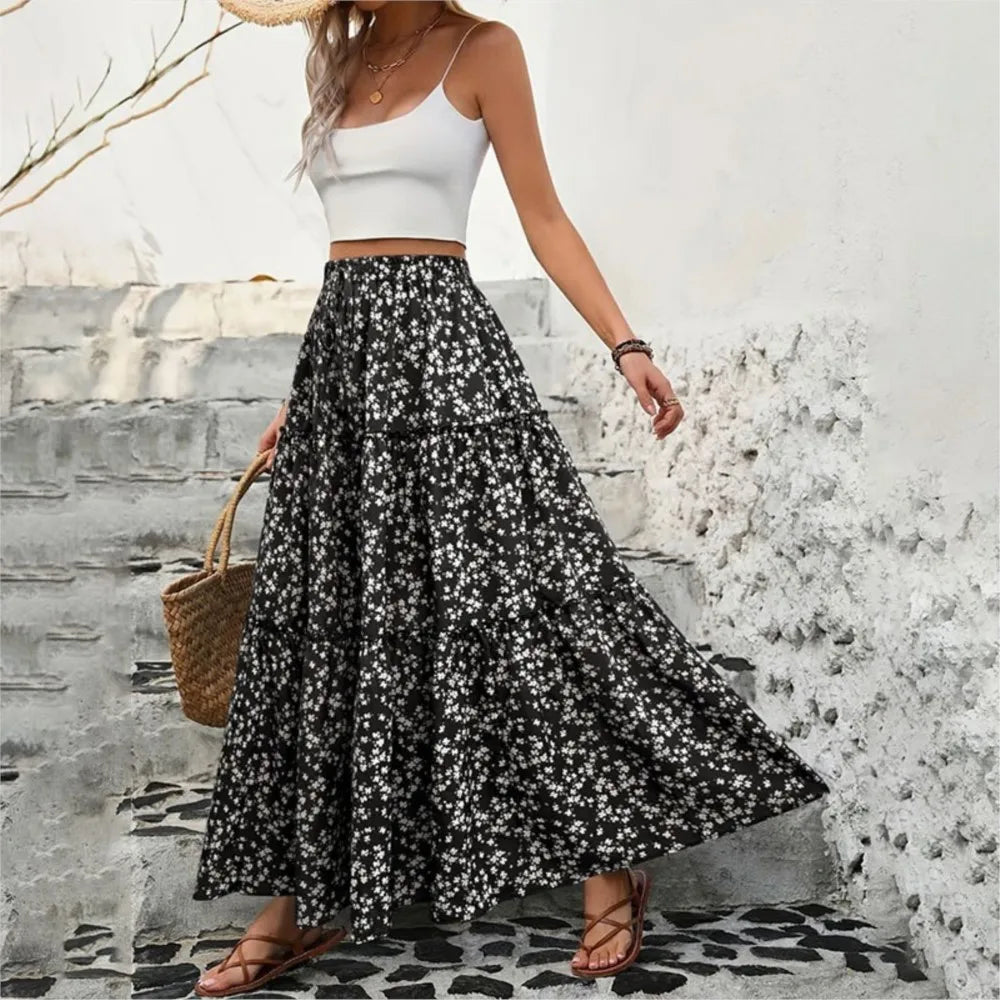 Petite jupe florale femmes ceinture élastique trois couches épissage jupe longue a-ligne plissée grandes jupes trapèze 2025 Harajuku Femme