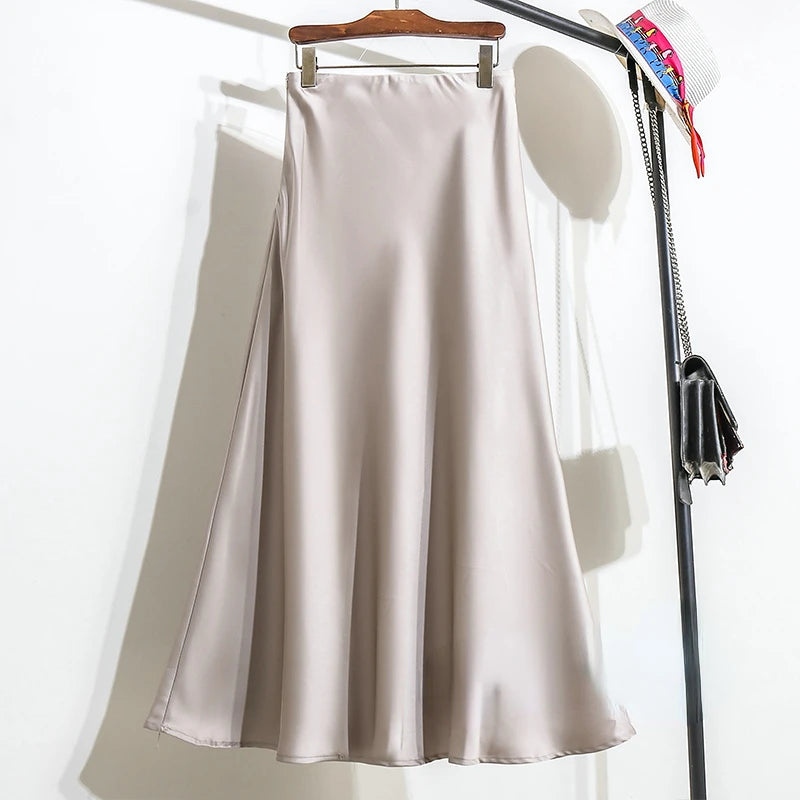 Jupe longue en satin taille haute pour femme, jupe midi, mince, monochromatique, champagne, noir, mode coréenne, été, 2024