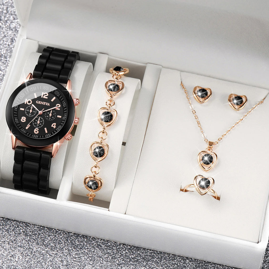Montre à quartz analogique décontractée pour femme, bracelet en silicone, biscuits, ensemble de bijoux coeur, sans boîte, 6 pièces par ensemble