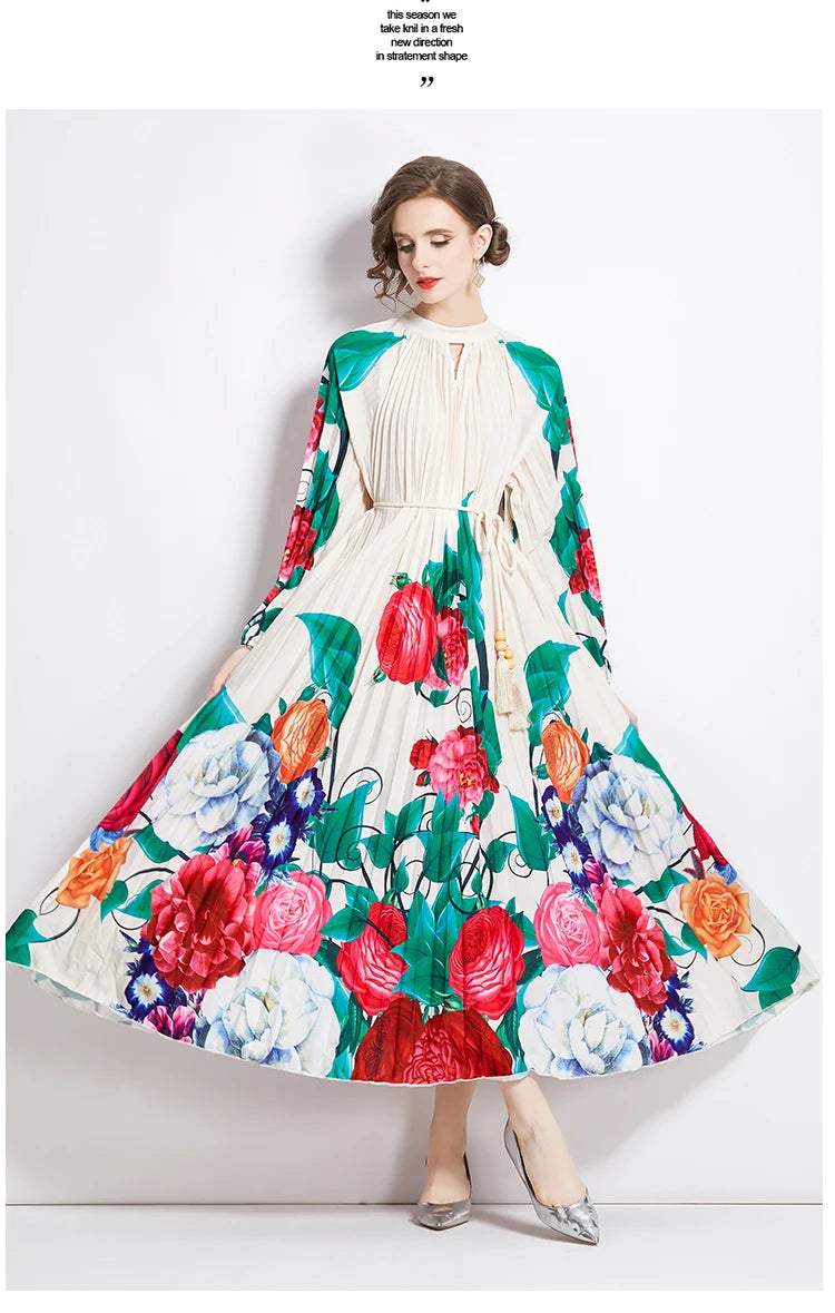 JAMERARY-Robe longue à imprimé floral pour femme, manches longues lanterne, paon de vacances, robe de soirée, robe de soirée, mode éducative, automne