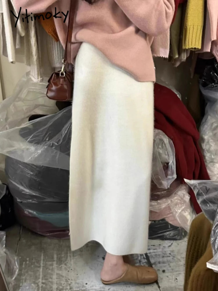 Jupes mi-longues en laine pour femmes, mode décontractée, couleur unie, ample, Streetwear, taille haute, jupes droites tricotées, nouvelle collection automne hiver 2024