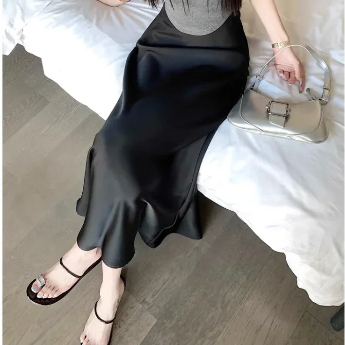Jupe longue en satin taille haute pour femme, jupe midi, mince, monochromatique, champagne, noir, mode coréenne, été, 2024