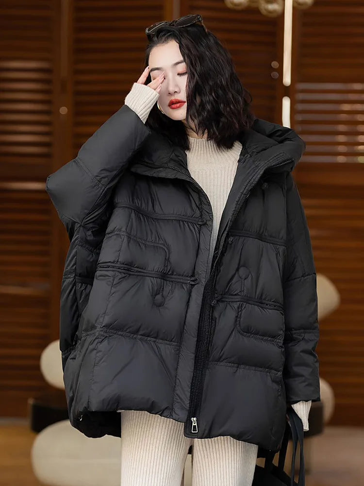 Veste en duvet de canard blanc avec capuche pour femme, vêtements d'extérieur décontractés, manteau vintage, surdimensionné, chaud, automne, hiver, nouveau, 2024
