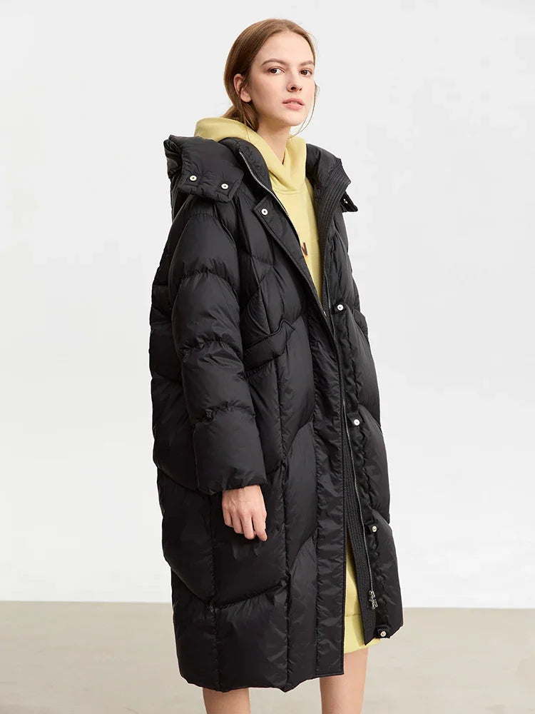 AMII-Doudoune longue à capuche en duvet de canard pour femme, manteau d'hiver pour femme, fermeture éclair, bureau, 2023, nouveau, 12324027