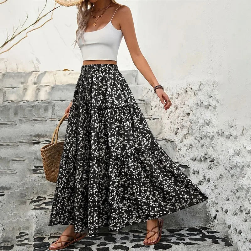Petite jupe florale femmes ceinture élastique trois couches épissage jupe longue a-ligne plissée grandes jupes trapèze 2025 Harajuku Femme